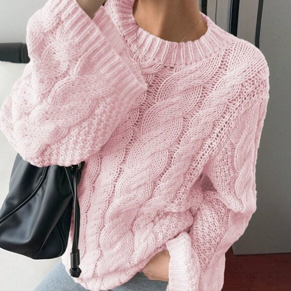 Pink Casual Women's Hemp Pattern Round Collar Wide Sleeve Long Sleeve Sweater - Picture 7 of 9